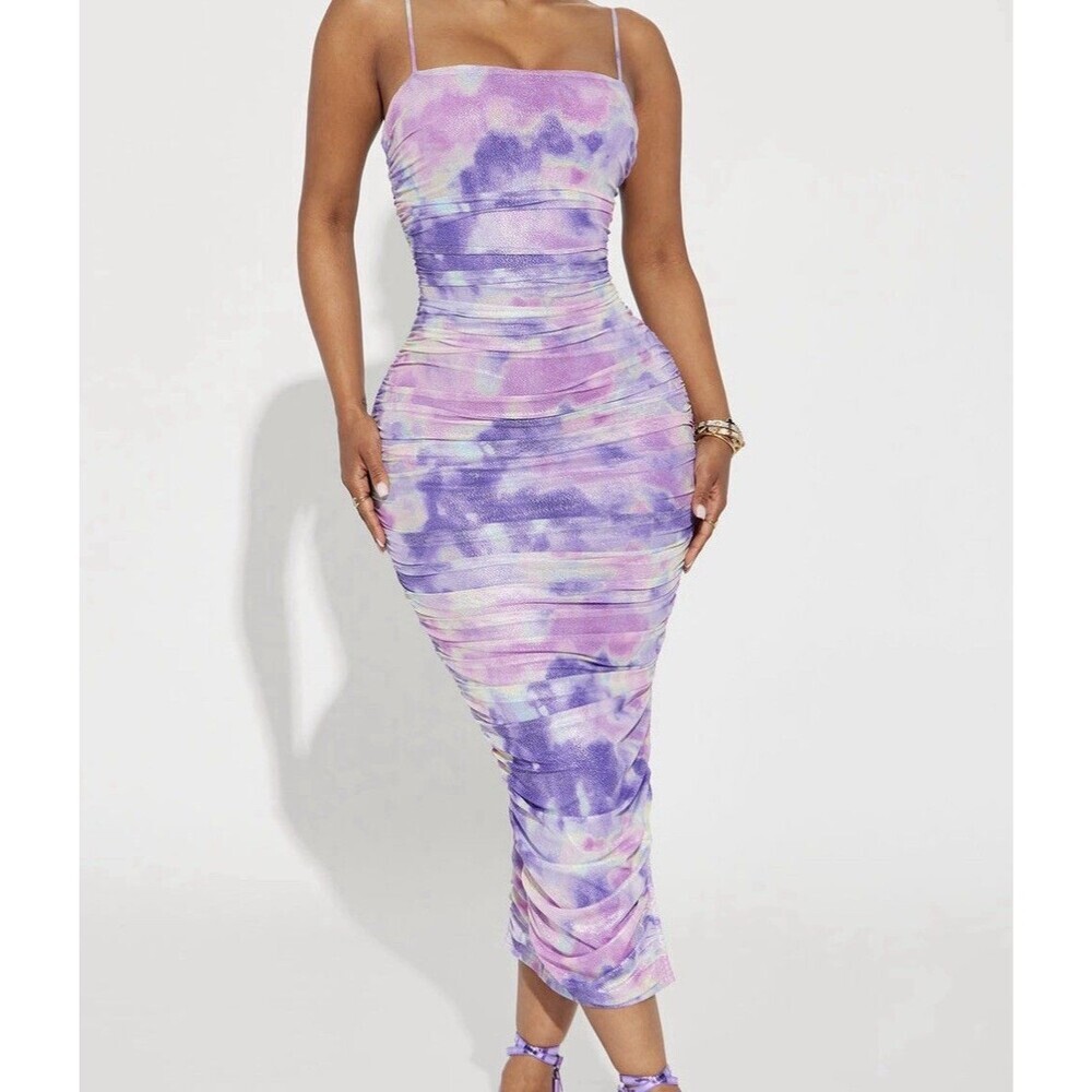Fashion Nova Water Color Lavender Purple Mesh Midi Dress Sz Small NWT